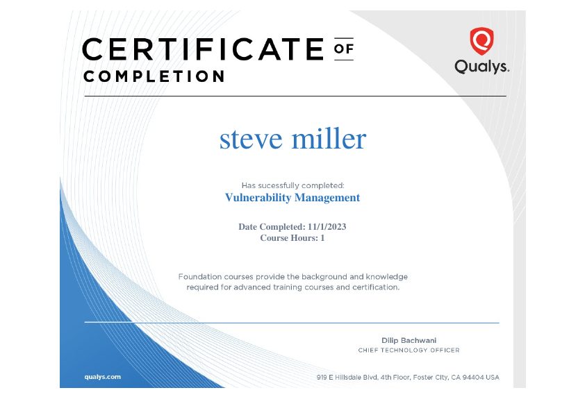 Qualys certificate of completion: Vulnerability Management